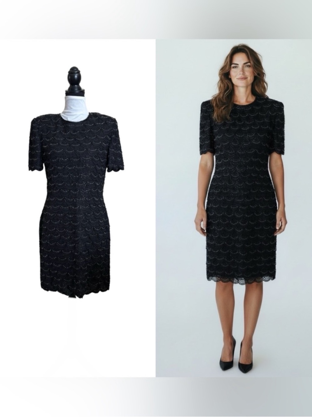 Night Vogue vintage beaded silk cocktail formal modest shortsleeve dress medium